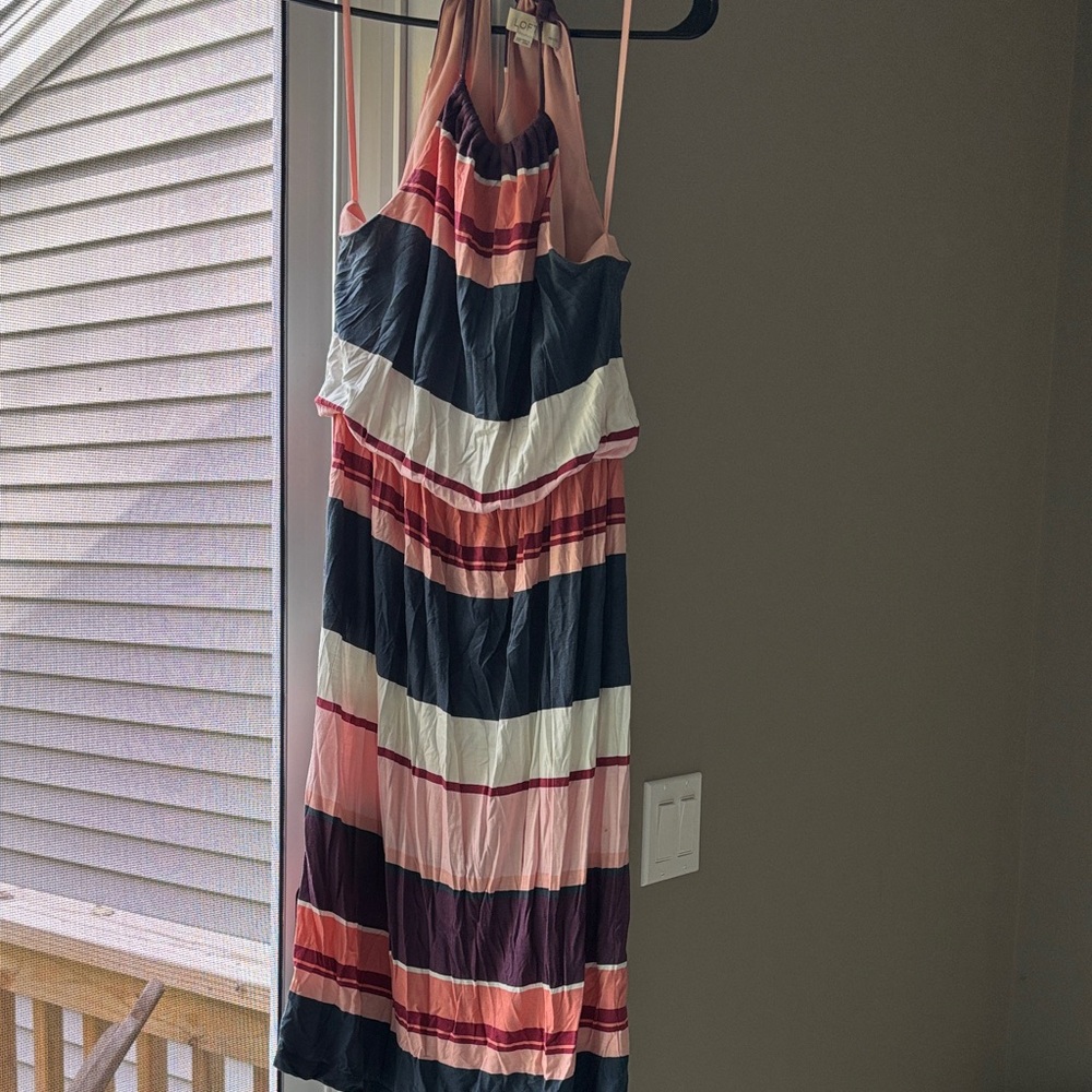 LOFT Strapless Dress with Coral and Navy Stripes